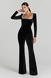 SUPER WHOLESALE | Rhinestone Hollow High-Waist Fitted Solid Color Jumpsuit