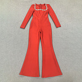 SUPER WHOLESALE | Rhinestone Hollow High-Waist Fitted Solid Color Jumpsuit