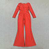 SUPER WHOLESALE | Rhinestone Hollow High-Waist Fitted Solid Color Jumpsuit
