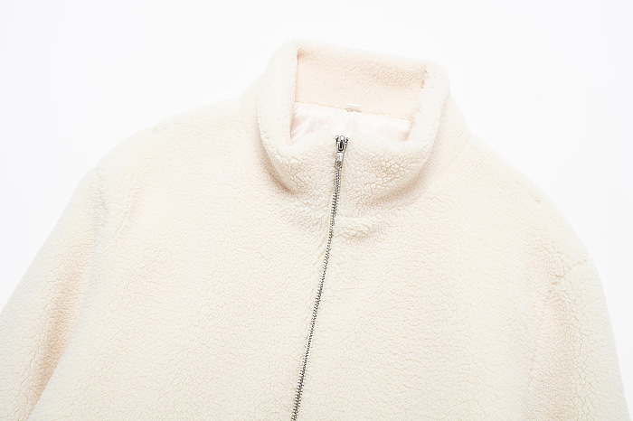 SUPER WHOLESALE | Color-Block Stand Collar Resin Zipper Faux Shearling Warm Jacket
