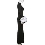 SUPER WHOLESALE | Half High Neck Ruched Cuffs Slit Long Dress