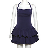 SUPER WHOLESALE | Strapless Puffy Skirt Halter Tie Solid Short Dress