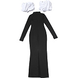 SUPER WHOLESALE | Half High Neck Ruched Cuffs Slit Long Dress