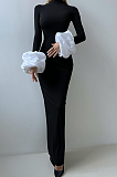 SUPER WHOLESALE | Half High Neck Ruched Cuffs Slit Long Dress