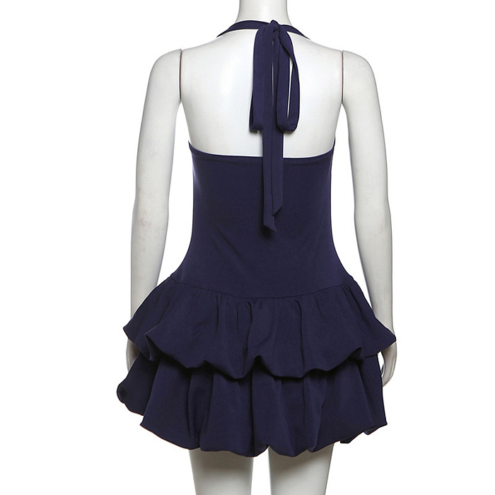 SUPER WHOLESALE | Strapless Puffy Skirt Halter Tie Solid Short Dress