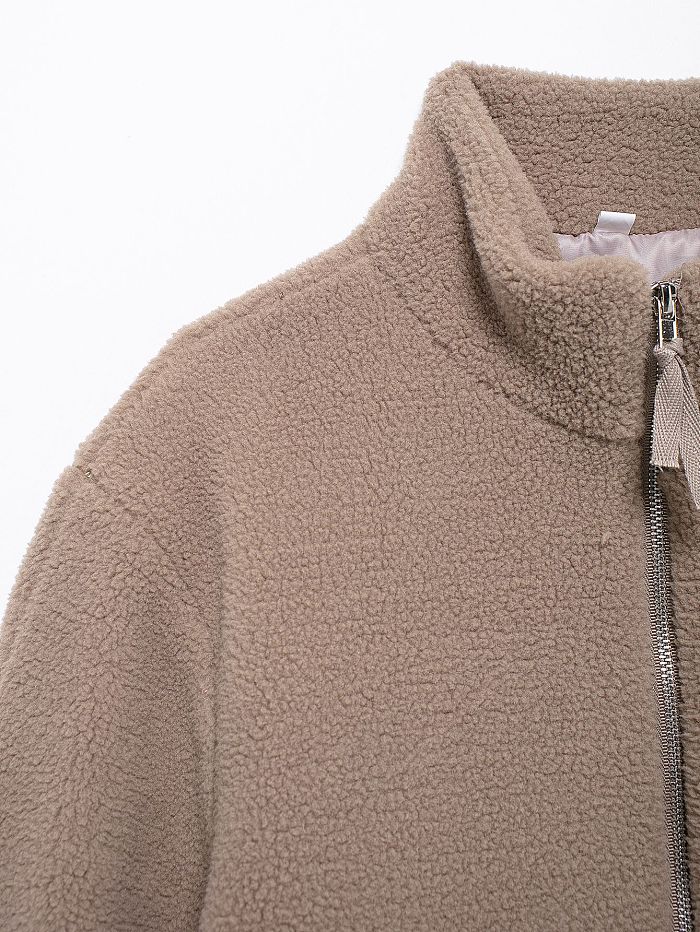 SUPER WHOLESALE | Color-Block Stand Collar Resin Zipper Faux Shearling Warm Jacket