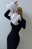 SUPER WHOLESALE | Half High Neck Ruched Cuffs Slit Long Dress