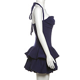 SUPER WHOLESALE | Strapless Puffy Skirt Halter Tie Solid Short Dress