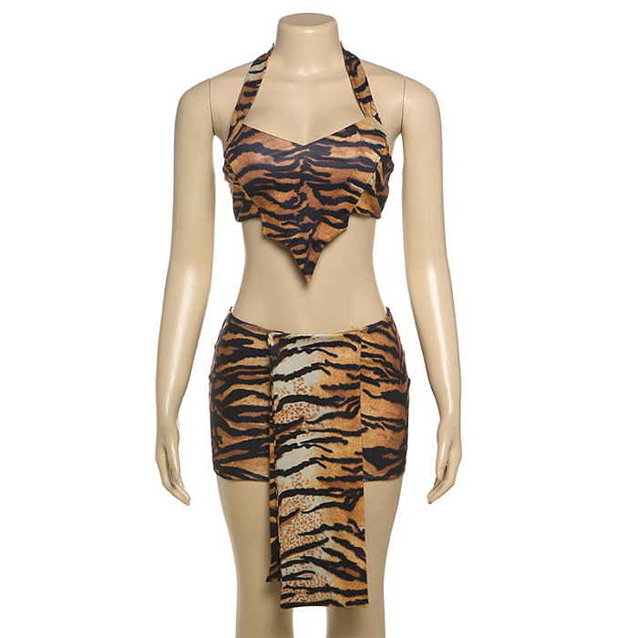 SUPER WHOLESALE | Tiger Print Halter Short Skirt Two-Piece Set