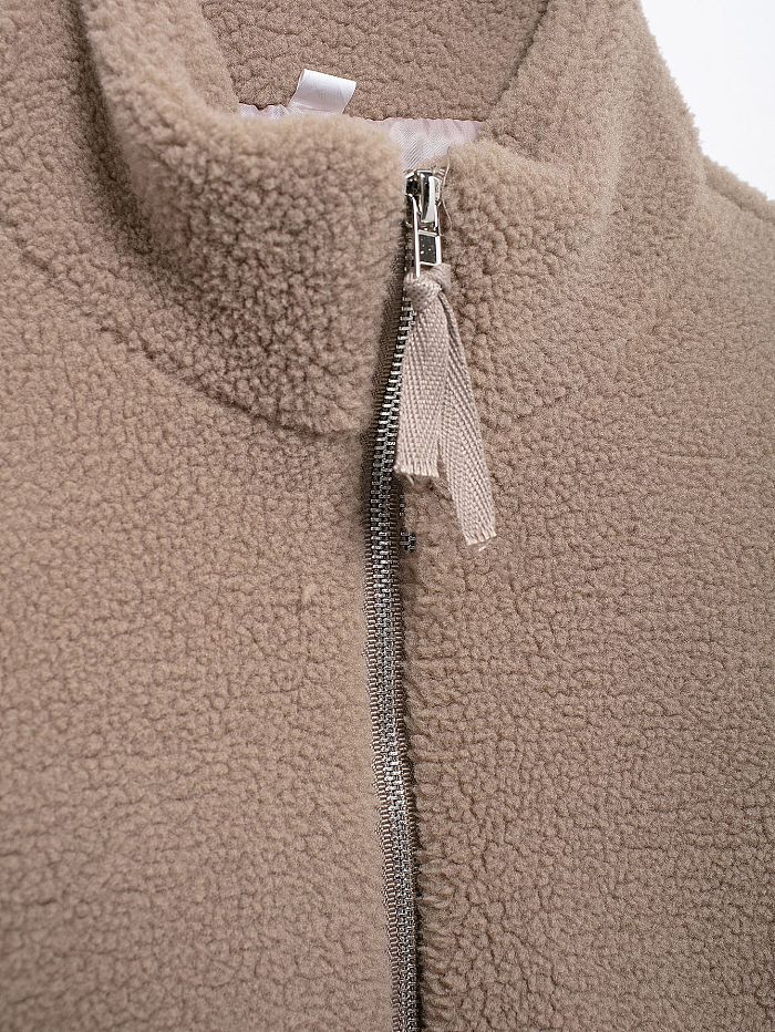 SUPER WHOLESALE | Color-Block Stand Collar Resin Zipper Faux Shearling Warm Jacket