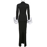 SUPER WHOLESALE | Half High Neck Ruched Cuffs Slit Long Dress