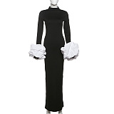 SUPER WHOLESALE | Half High Neck Ruched Cuffs Slit Long Dress