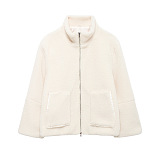 SUPER WHOLESALE | Color-Block Stand Collar Resin Zipper Faux Shearling Warm Jacket