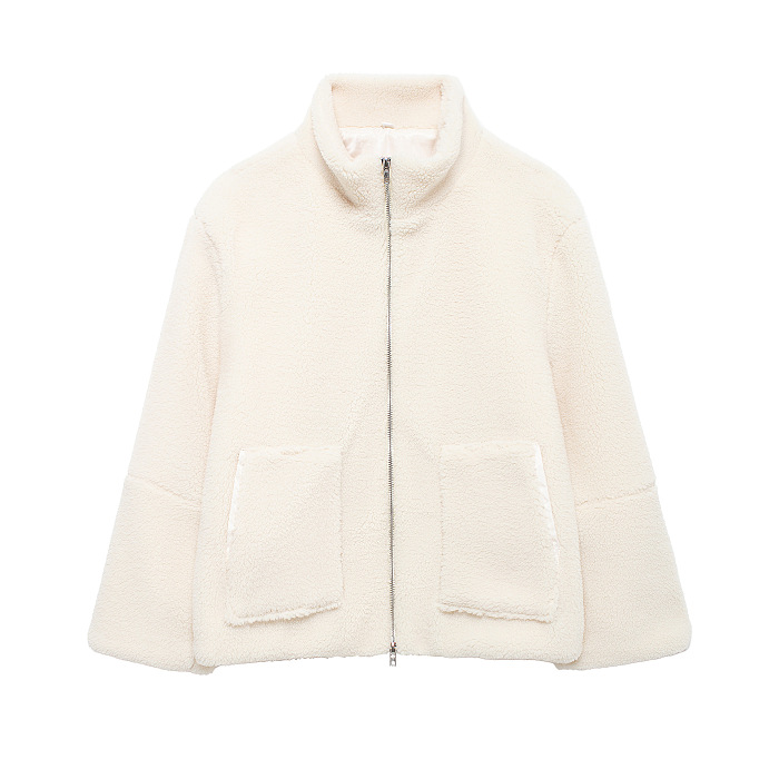 SUPER WHOLESALE | Color-Block Stand Collar Resin Zipper Faux Shearling Warm Jacket