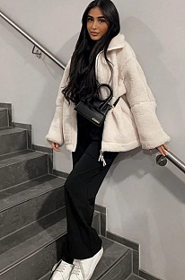 SUPER WHOLESALE | Color-Block Stand Collar Resin Zipper Faux Shearling Warm Jacket