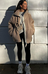 SUPER WHOLESALE | Color-Block Stand Collar Resin Zipper Faux Shearling Warm Jacket