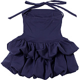 SUPER WHOLESALE | Strapless Puffy Skirt Halter Tie Solid Short Dress
