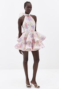 SUPER WHOLESALE | Printed Short Skirt Backless Halter Fitted Dress