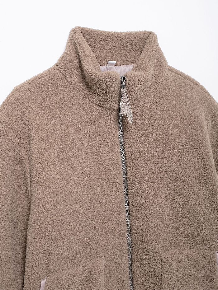 SUPER WHOLESALE | Color-Block Stand Collar Resin Zipper Faux Shearling Warm Jacket
