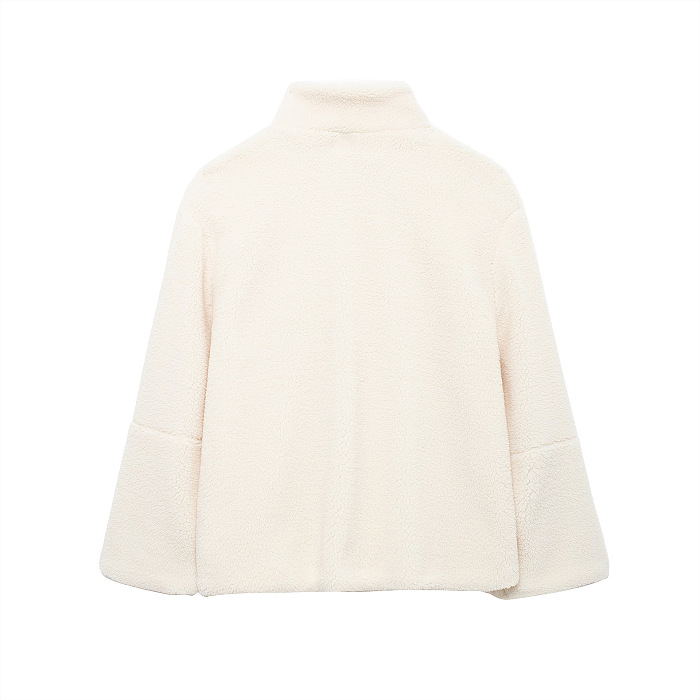 SUPER WHOLESALE | Color-Block Stand Collar Resin Zipper Faux Shearling Warm Jacket