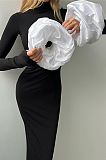 SUPER WHOLESALE | Half High Neck Ruched Cuffs Slit Long Dress