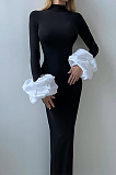 SUPER WHOLESALE | Half High Neck Ruched Cuffs Slit Long Dress