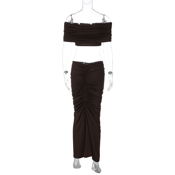 SUPER WHOLESALE | Crop Top Fitted Pleated Skirt Set in Coffee