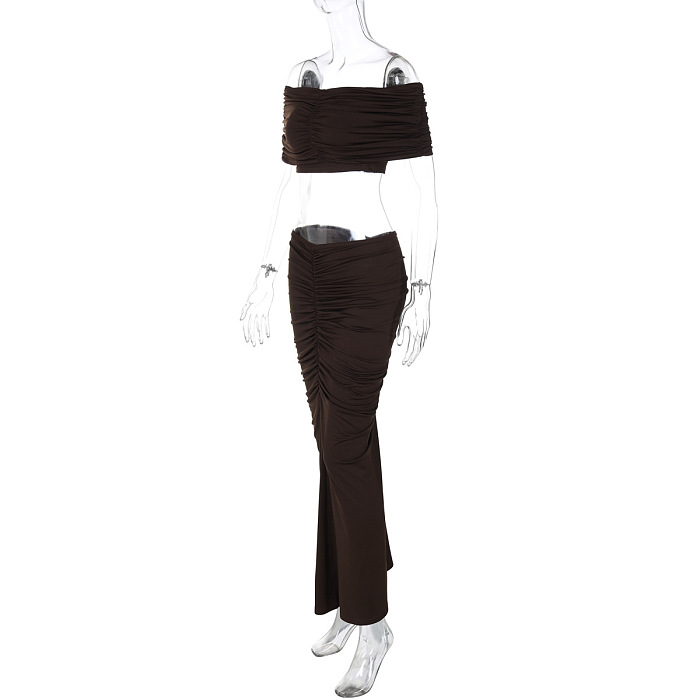 SUPER WHOLESALE | Crop Top Fitted Pleated Skirt Set in Coffee