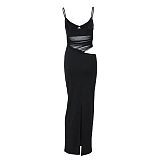 SUPER WHOLESALE | Slit & Mesh Panel Sheer Spaghetti Strap Dress