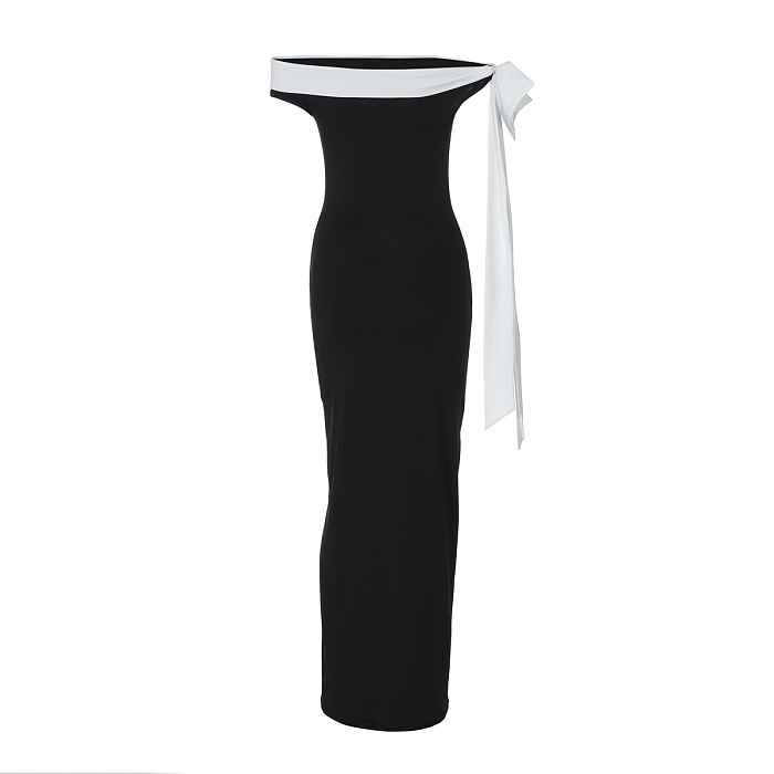 SUPER WHOLESALE | Off-Shoulder Ribbon Fitted Solid Dress