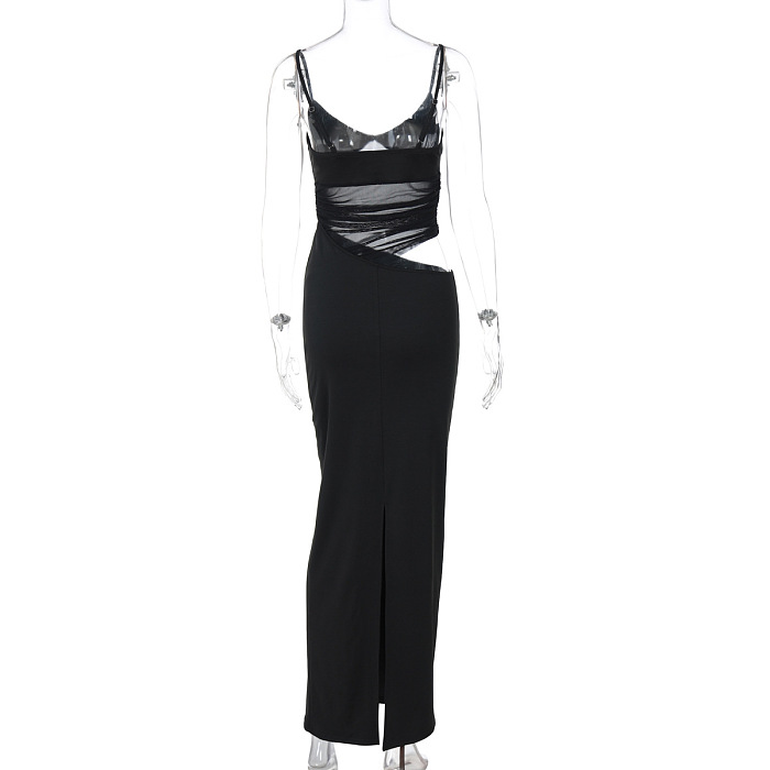 SUPER WHOLESALE | Slit & Mesh Panel Sheer Spaghetti Strap Dress