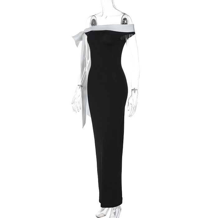 SUPER WHOLESALE | Off-Shoulder Ribbon Fitted Solid Dress