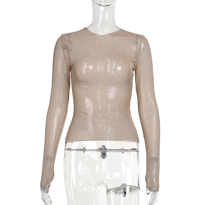 SUPER WHOLESALE | Round Neck Rhinestone Glitter Long Sleeve Top