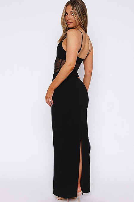 SUPER WHOLESALE | Slit & Mesh Panel Sheer Spaghetti Strap Dress
