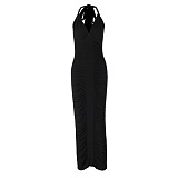 SUPER WHOLESALE | V-Neck Backless Tie Fitted Pleated Dress