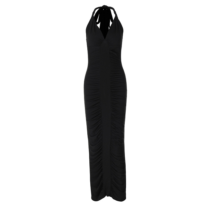 SUPER WHOLESALE | V-Neck Backless Tie Fitted Pleated Dress