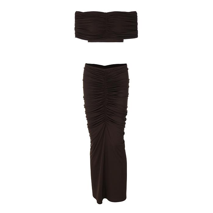 SUPER WHOLESALE | Crop Top Fitted Pleated Skirt Set in Coffee