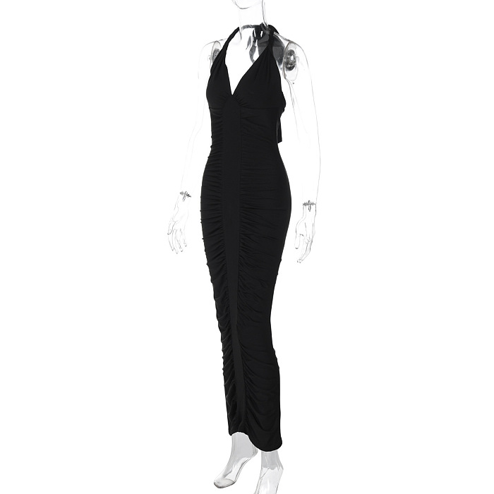 SUPER WHOLESALE | V-Neck Backless Tie Fitted Pleated Dress