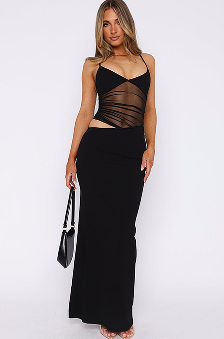 SUPER WHOLESALE | Slit & Mesh Panel Sheer Spaghetti Strap Dress