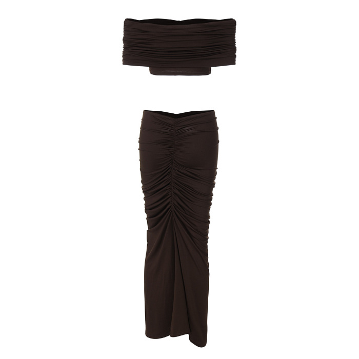 SUPER WHOLESALE | Crop Top Fitted Pleated Skirt Set in Coffee