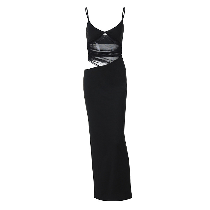 SUPER WHOLESALE | Slit & Mesh Panel Sheer Spaghetti Strap Dress