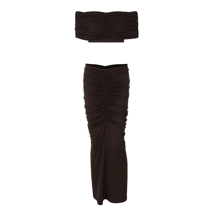 SUPER WHOLESALE | Crop Top Fitted Pleated Skirt Set in Coffee