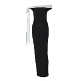 SUPER WHOLESALE | Off-Shoulder Ribbon Fitted Solid Dress