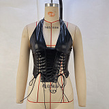 SUPER WHOLESALE | Pu Material Lace Up Venst Top