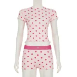 SUPER WHOLESALE |Heart Print Color Block Short Sleeve Shorts Casual Loungewear Set