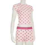 SUPER WHOLESALE |Heart Print Color Block Short Sleeve Shorts Casual Loungewear Set