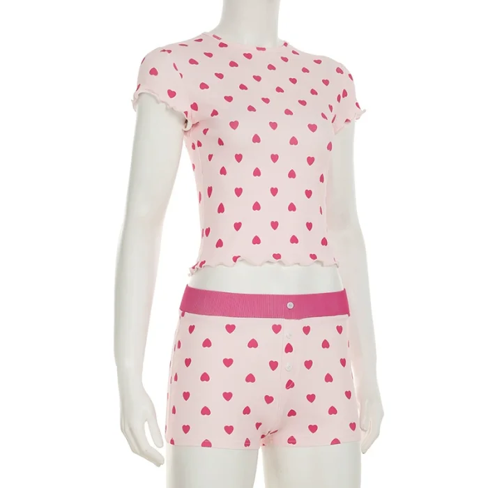 SUPER WHOLESALE |Heart Print Color Block Short Sleeve Shorts Casual Loungewear Set