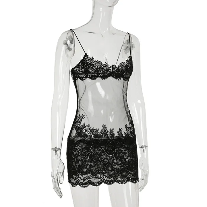 Lace Mesh Splicing Sheer Sleeveless Strapless Dress