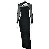 SUPER WHOLESALE | Mesh Round Neck Long Sleeve Strapless Slim Fit Long Dress