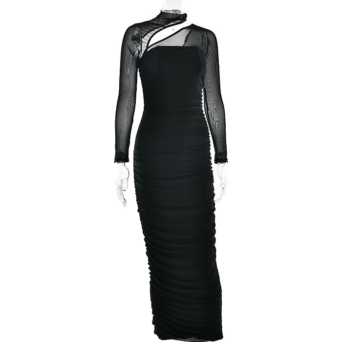 SUPER WHOLESALE | Mesh Round Neck Long Sleeve Strapless Slim Fit Long Dress